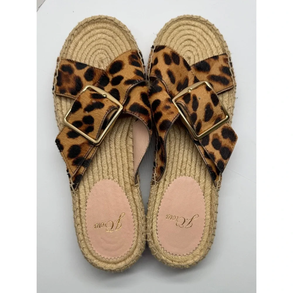 J.Crew Leopard Calf Hair Espadrille Platform‎ Slide Sandals Buckle 7.5